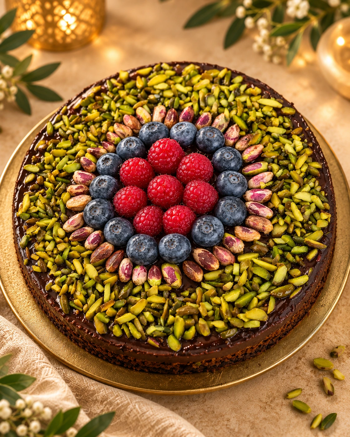 Tarte au chocolat, fruits rouges et pistaches, création Lella Saveurs